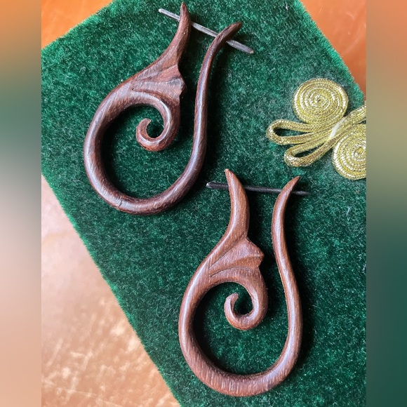 Natural Dark Wood Bohemian Statement Earrings - Picture 3 of 8